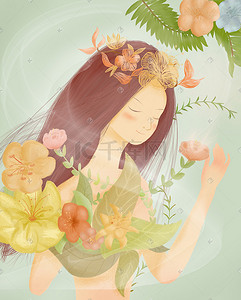 PS插画图片_春天手绘长发女孩与花草背景海报
