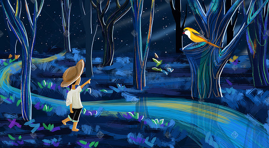 月光夜晚插画图片_月光下林中的男孩儿