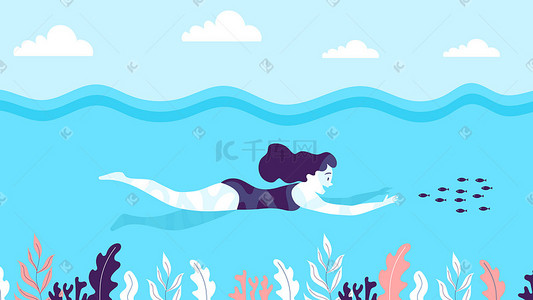 鱼中鱼插画图片_卡通可爱女孩海里游泳抓鱼度假