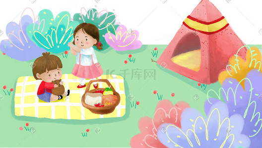 幼儿ppt模板插画图片_儿童手绘插画春游野餐