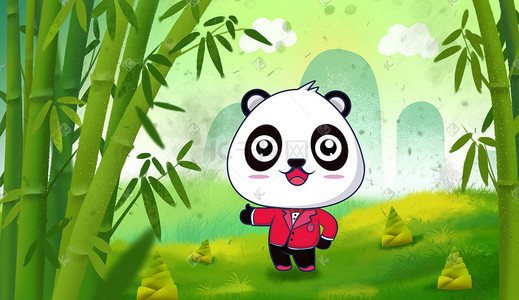 的竹叶插画图片_竹林里开心的小熊猫