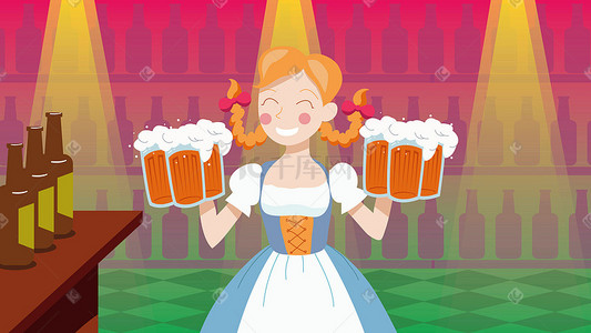 酒吧gif动图插画图片_酒吧里端啤酒的女服务员