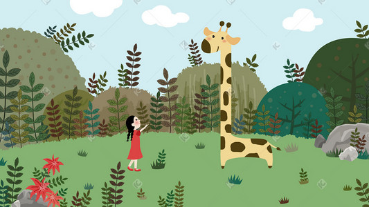 女孩与长颈鹿的唯美春天高清手绘插画psd横图
