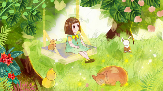 荡秋千的女孩治愈系唯美插画
