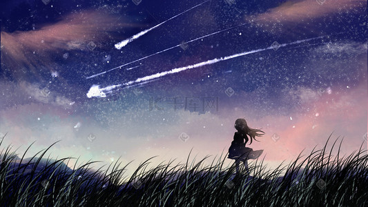 女孩文艺唯美插画图片_唯美夏夜星空插画背景