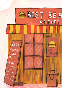商标商标插画图片_购物街角咖啡店插画