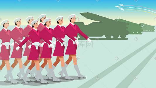 八一建军节红色插画图片_美丽的女民兵们齐走正步党