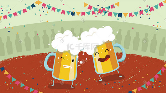 红色happy插画图片_节日氛围下的啤酒杯干杯场面