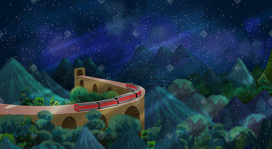 拱形隧道插画图片_梦幻星空下的火车