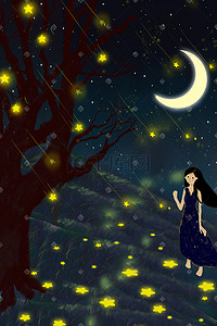 月亮下的插画图片_仲夏夜-树下的女孩与星光