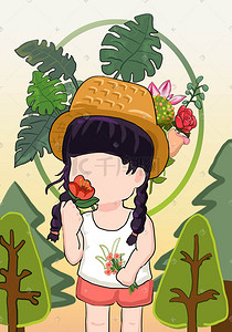 茶花镯子插画图片_女孩感受春天的香气