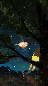 树上的小窝插画图片_仲夏夜—树上看星星的女孩