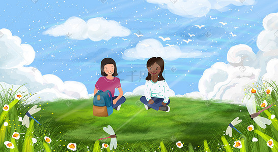 交友软件插画图片_坐在草地上的女孩儿