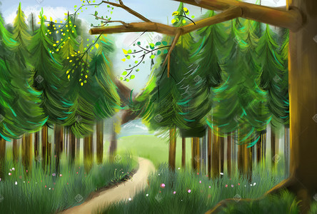 春天踏青森林风景手绘插画