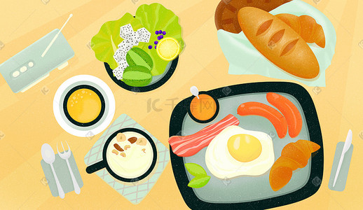 人吃坚果插画图片_美食惬意早餐主题插画