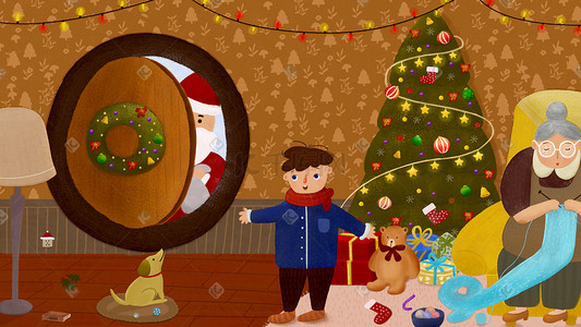 主题活动插画图片_圣诞节家庭主题活动儿童绘本插画圣诞