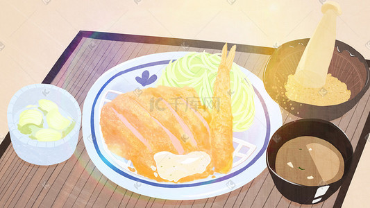 芝麻红枣糕插画图片_美食日式猪排套餐
