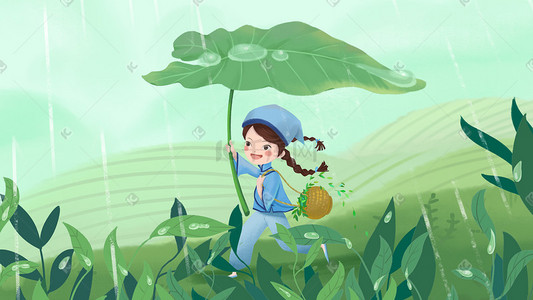 雨清新插画图片_春天谷雨 采茶女孩 雨中奔跑