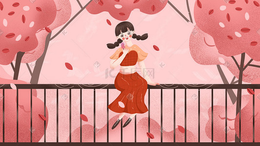 节日粉插画图片_粉色系卡通唯美樱花节日女孩坐在栏杆上配图