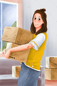 搬家公司箱货插画图片_元气满满的少女搬家场景