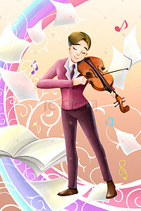 小提琴谱音符插画图片_小提琴演奏手绘插画
