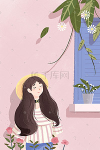 窗外插画图片_春天你好窗外的鲜花和女孩