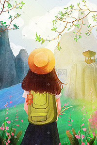 春季旅游女孩插画图片_清明出游踏青游玩风景背包带帽子女孩春游
