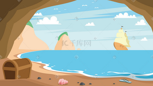 海盗船在海上插画图片_卡通海岛探险风景插画