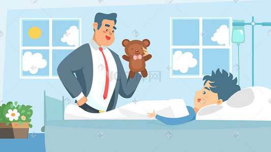 生气的父亲插画图片_医院孩子卧床输液打针亲子父亲横幅配图