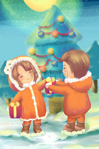 小朋友圣诞插画图片_梦幻可爱圣诞节互赠礼物插画圣诞