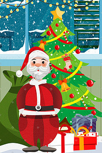圣诞送礼品插画图片_圣诞节平安夜圣诞老人送礼物圣诞插画圣诞