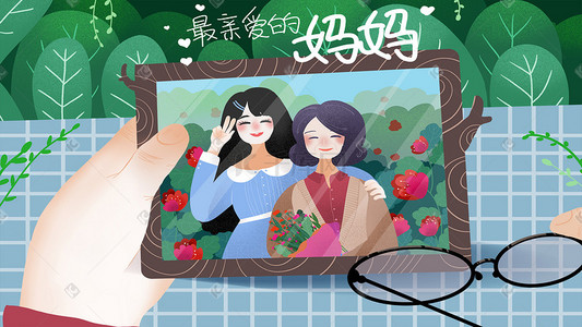 简介墙照片墙插画图片_手绘母亲节母女人物照片插画