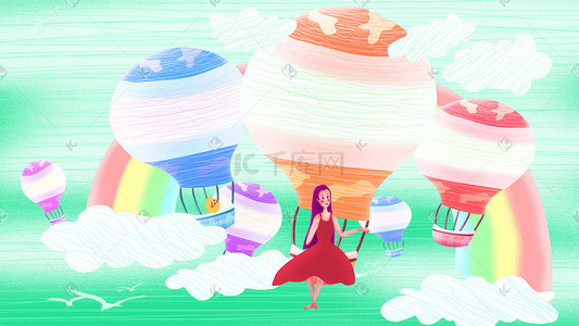 广告设计卡通插画图片_探险少女的热气球之旅