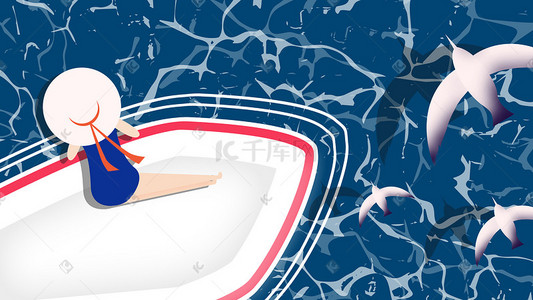 海鸥的插画图片_坐在游艇上看海的女孩插画