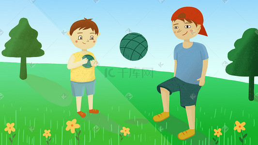 足球运动背景插画图片_儿童节户外运动手绘插画六一