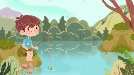 外出游玩插画图片_绿色小清新男生钓鱼