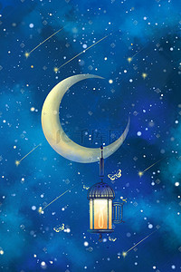 夜色月亮插画图片_深蓝色唯美卡通梦幻夜晚星空配图