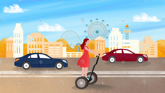 农用工具插画图片_城市生活交通工具出行平衡车汽车女孩手绘