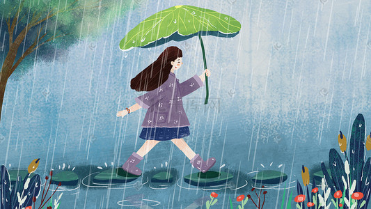 清明谷雨小女孩欢乐过河竖图