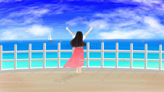 电吹风吹风插画图片_手绘女孩海边吹风原创插画