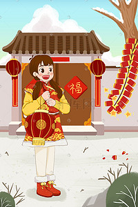 新年春节过年放鞭炮人物女孩红灯笼插画