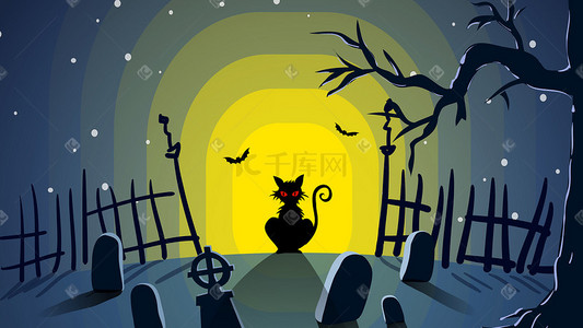 红眼拖尾特效插画图片_夜晚墓地里的黑猫