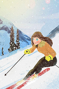 冬季风格插画图片_冬季运动滑雪雪山滑雪户外锻炼插画