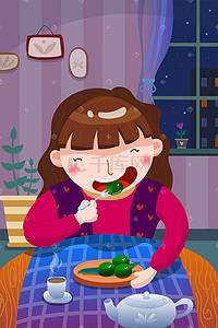 绿色团青插画图片_吃青团的可爱小妹