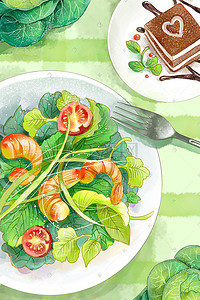 玉米沙拉寿司插画图片_手绘水彩诱人美味沙拉