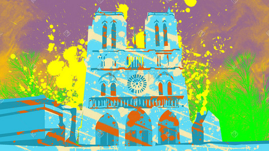 旅游著名插画图片_巴黎圣母院创意插画