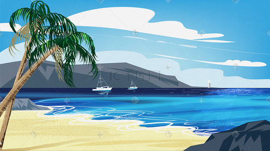 沙滩椰树插画图片_夏天海边沙滩椰树风光