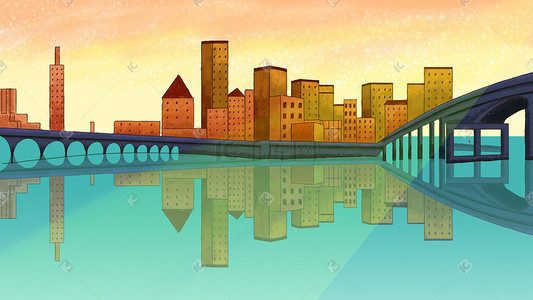 城市建筑背景卡通插画图片_城市特色景点手绘插画