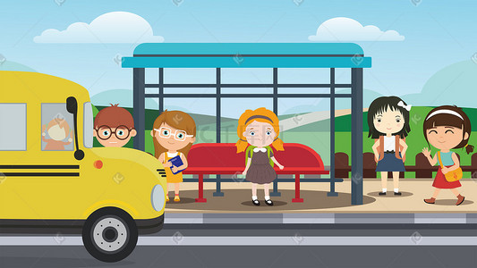 开学季校车插画图片_清新可爱孩子们上学路上等校车插画