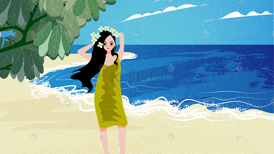 海边美女插画图片_夏天旅游度假海边风景美女插画